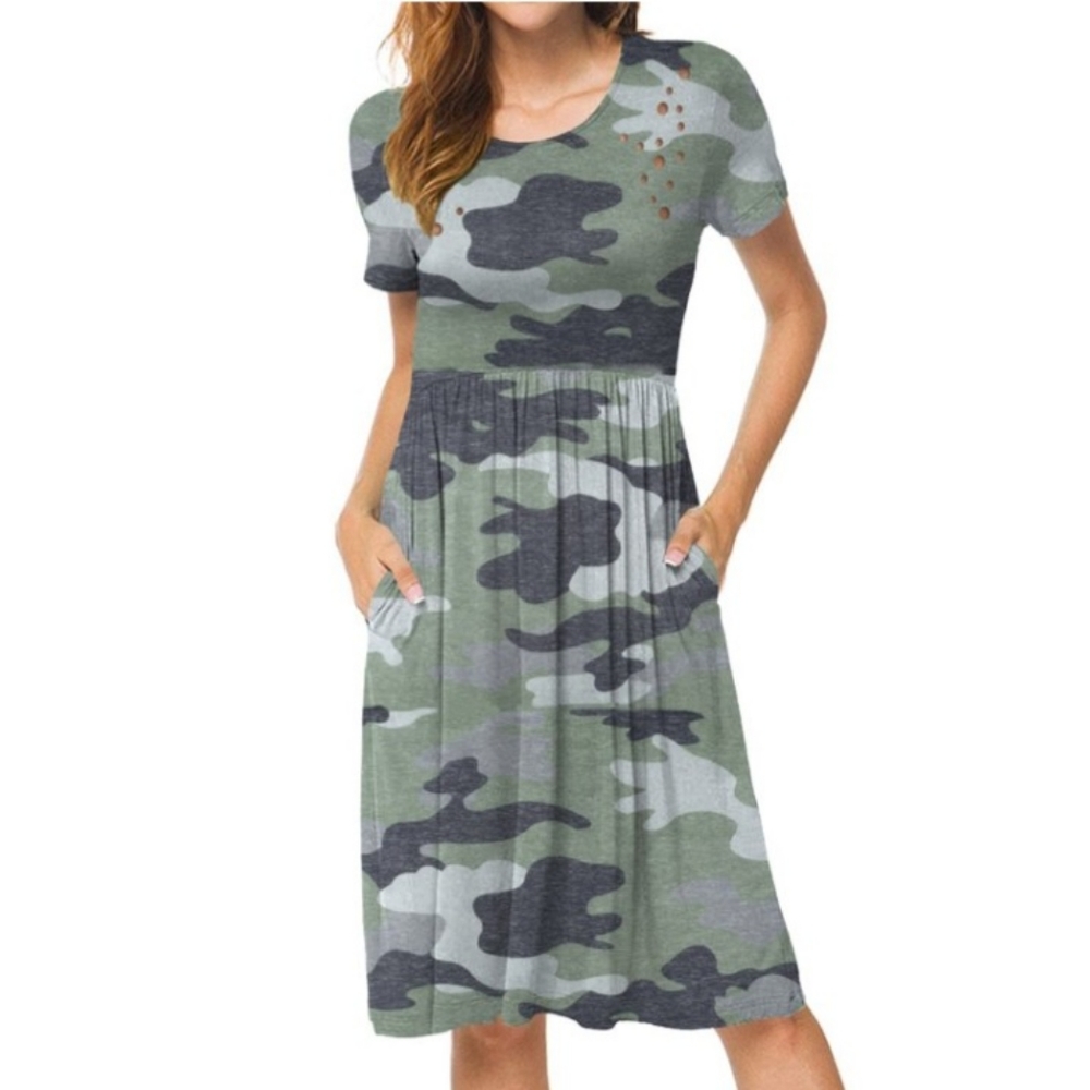 Short sleeve Camouflage Dress Ruched, Cutout with Pockets